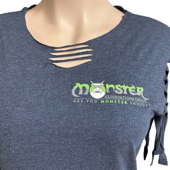MONSTER RESERVATIONS Fabric Fringe-Cut Top Tee Large Blue/Gray Shredded Back - Picture 3 of 15